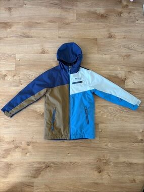 Marmot Colorblock Hooded Shell in Navy, Bright Blue, Tan, White